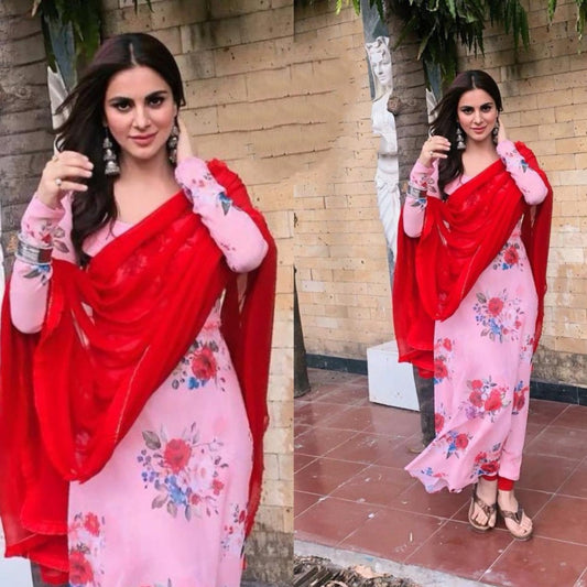 Baby pink floral printed georgette long salwar suit