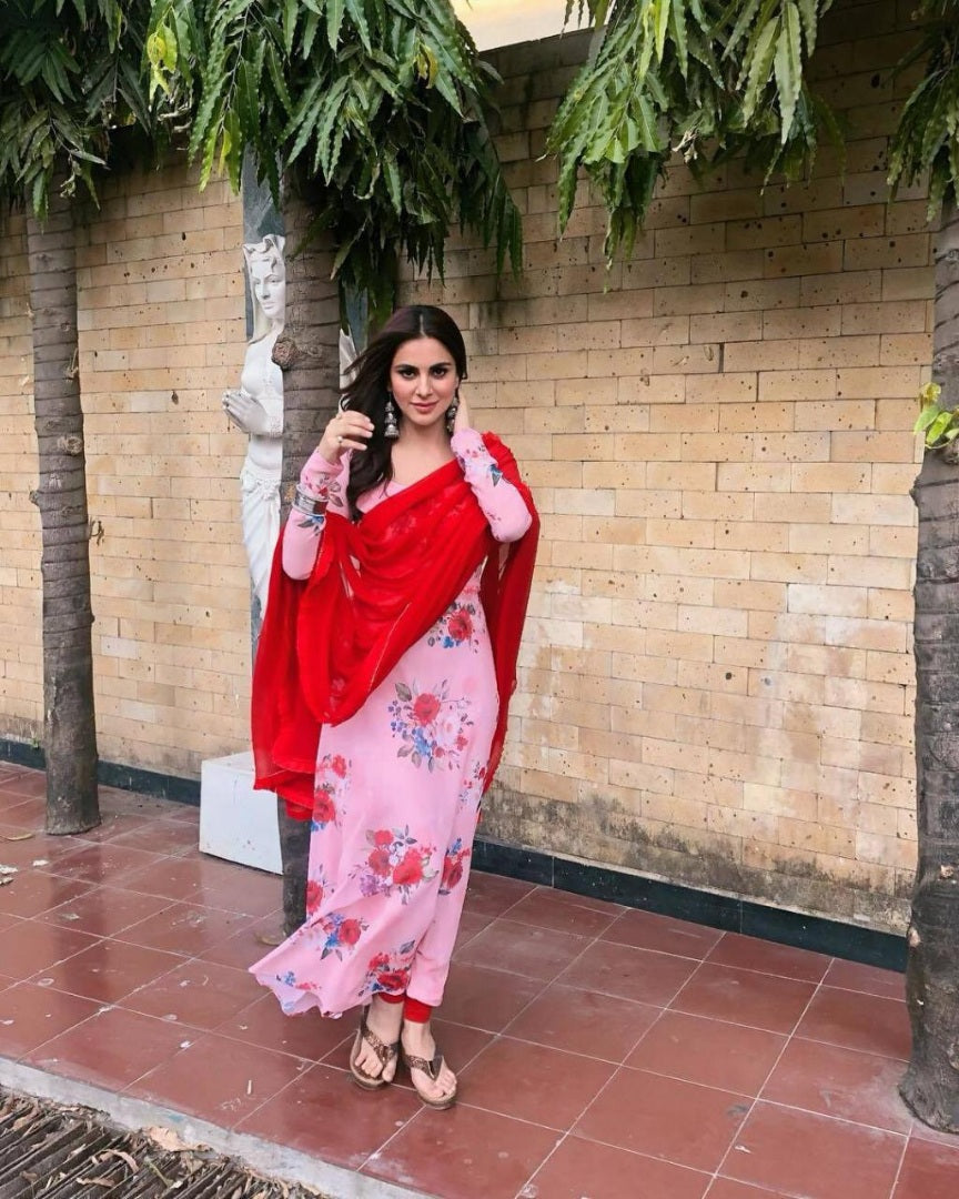 Baby pink floral printed georgette long salwar suit