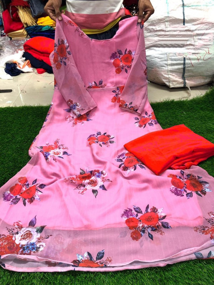 Baby pink floral printed georgette long salwar suit