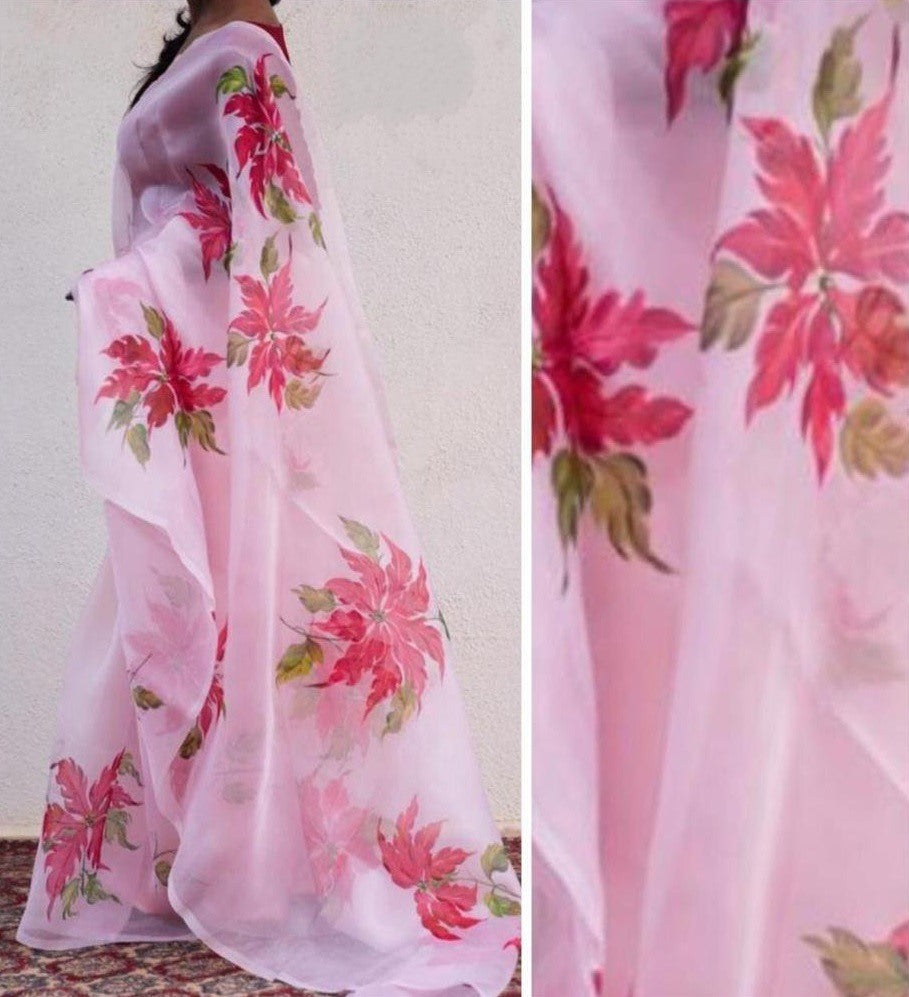 Baby pink floral printed organza saree