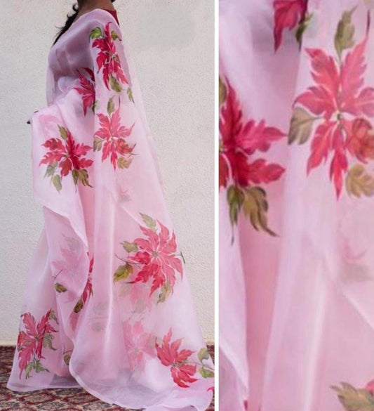 Baby pink floral printed organza saree
