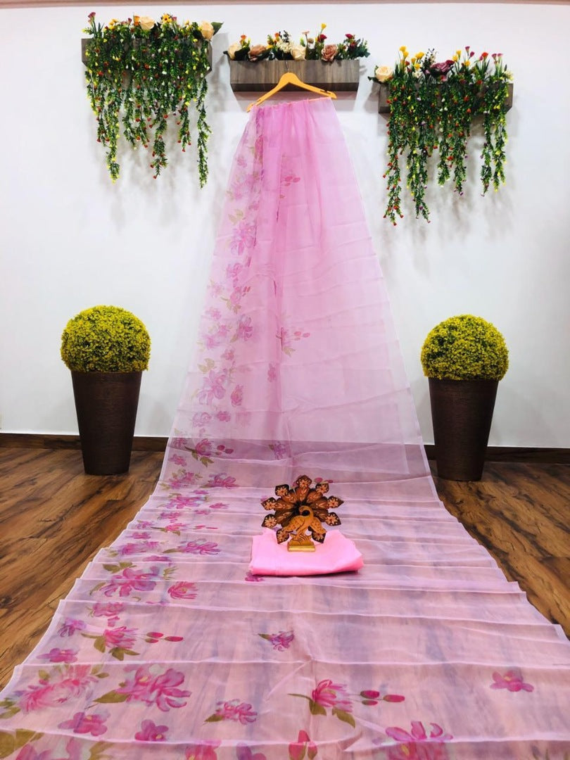 Baby pink floral printed organza saree
