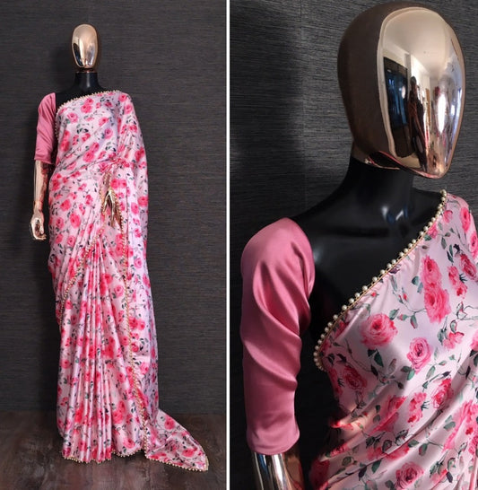 Baby pink floral printed pearl lace border saree