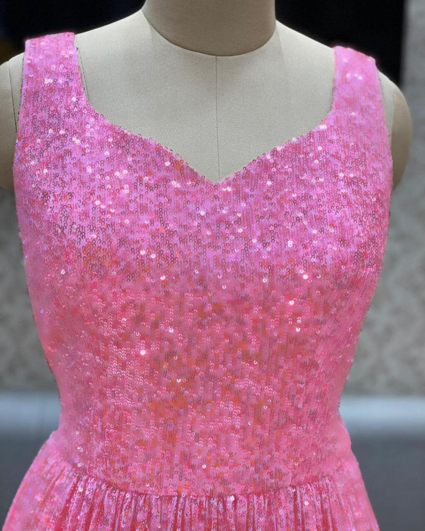Baby pink full sequence work partywear gown