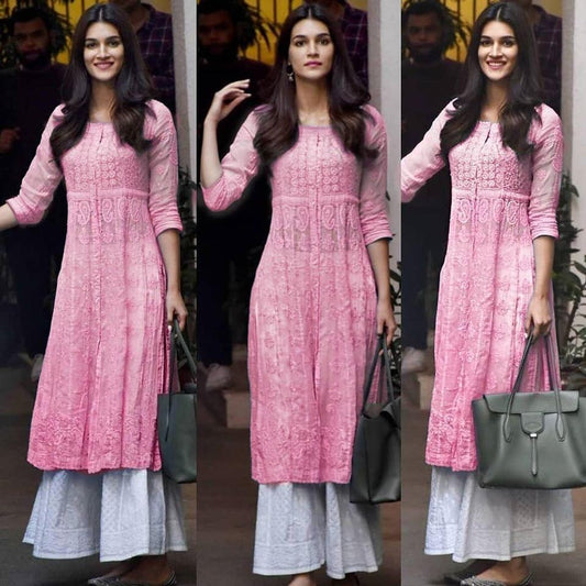 Baby pink georgette chainstitch embroidered stylist plazzo kurti