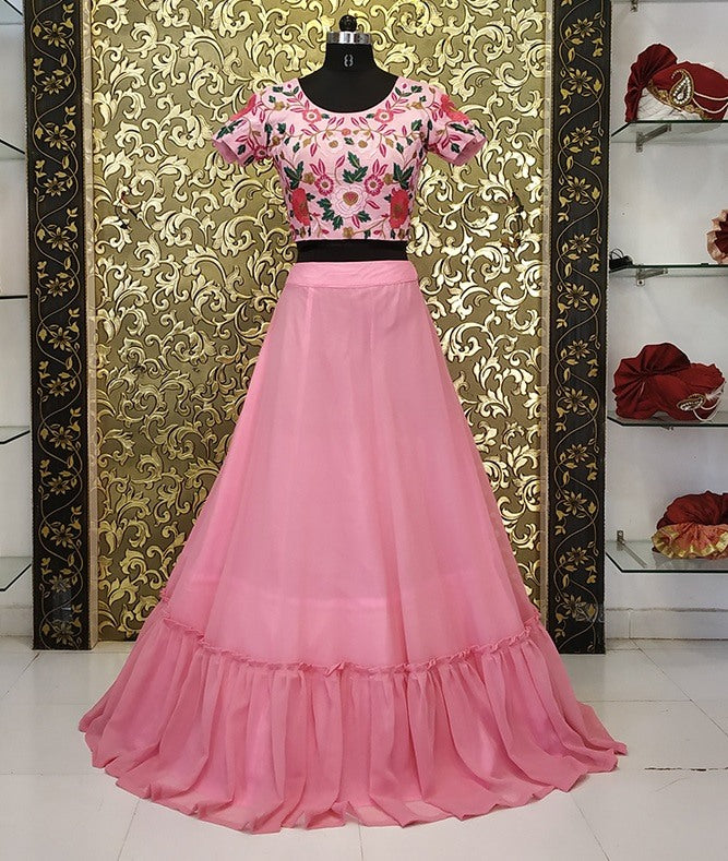 Baby pink georgette croptop lehenga