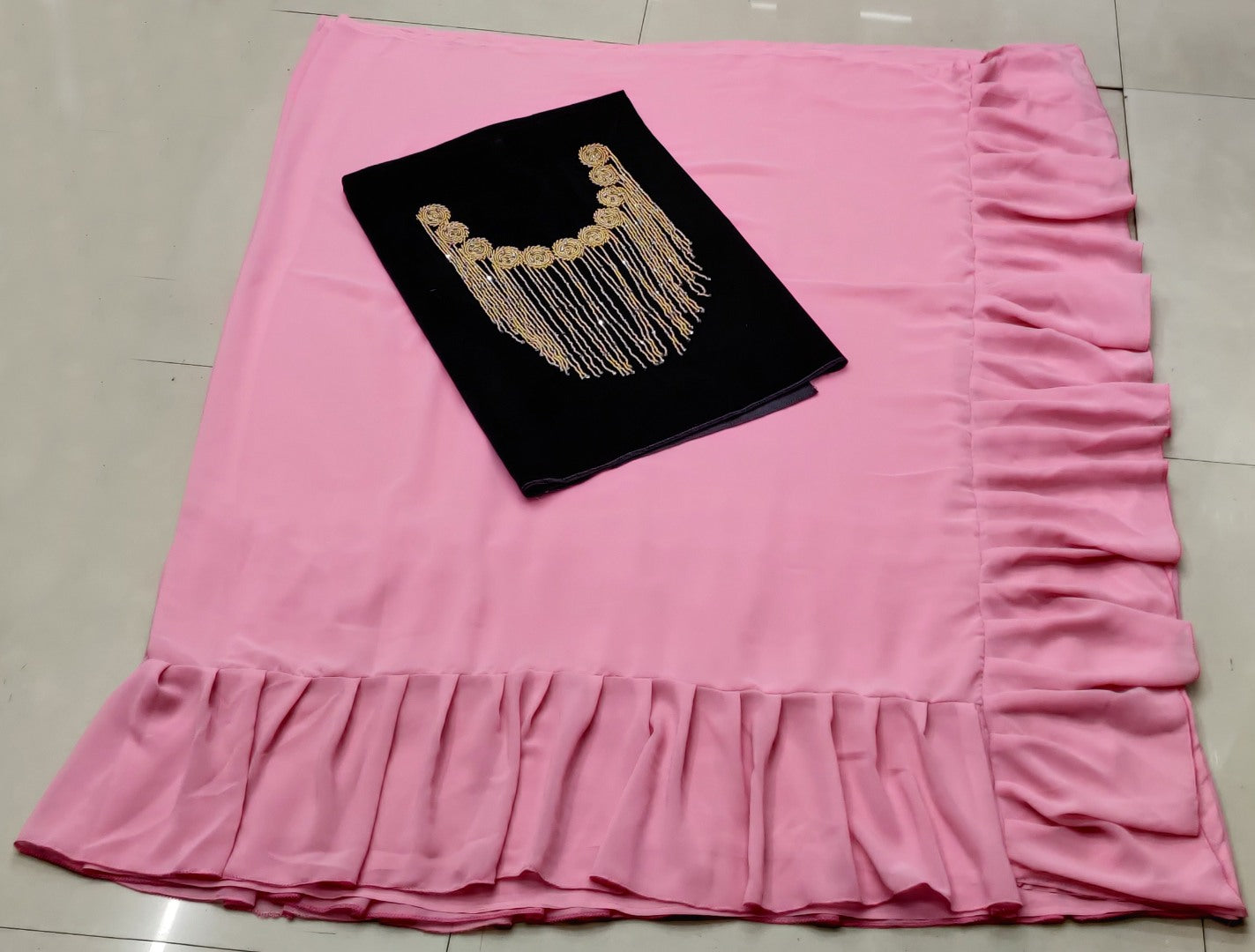 baby pink georgette designer ruffle saree