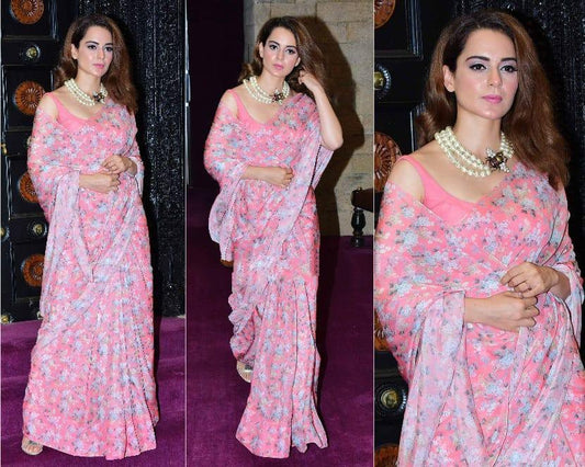 baby pink georgette digital flower printed saree