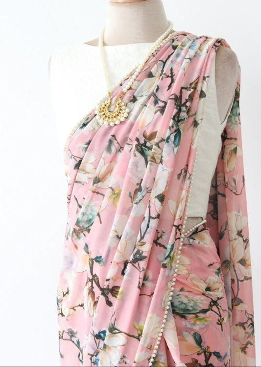 Baby pink georgette digital printed moti lace saree