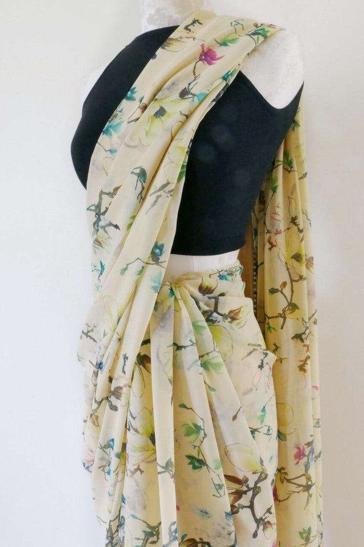 Baby pink georgette digital printed moti lace saree