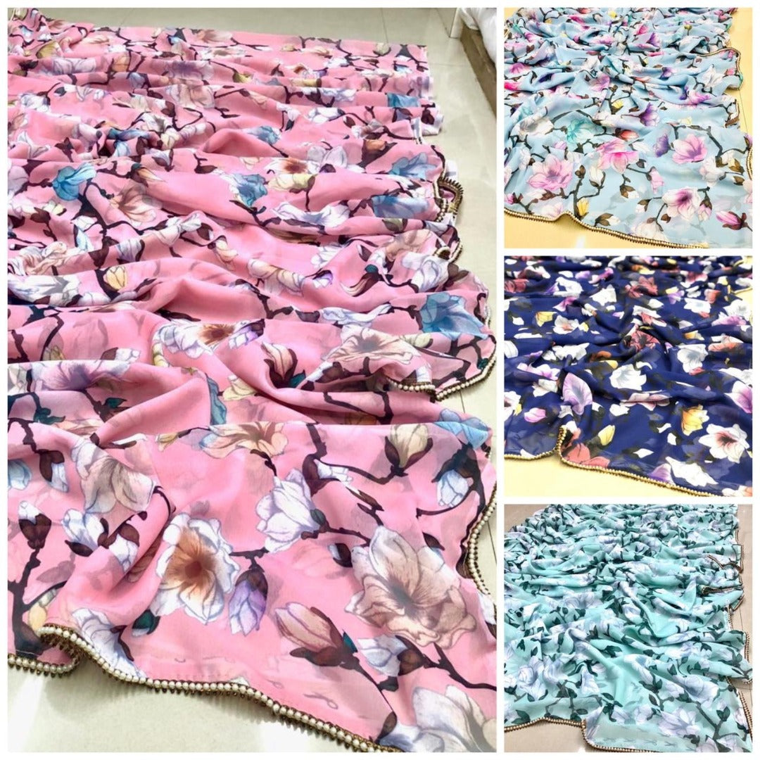 Baby pink georgette digital printed moti lace saree