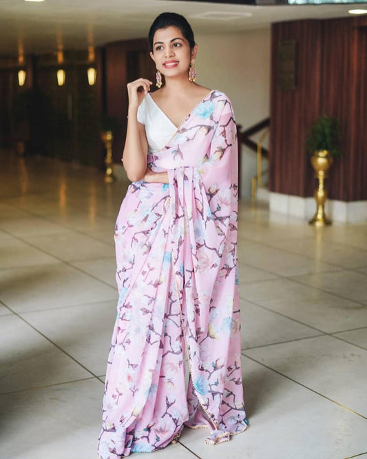 Baby pink georgette digital printed saree