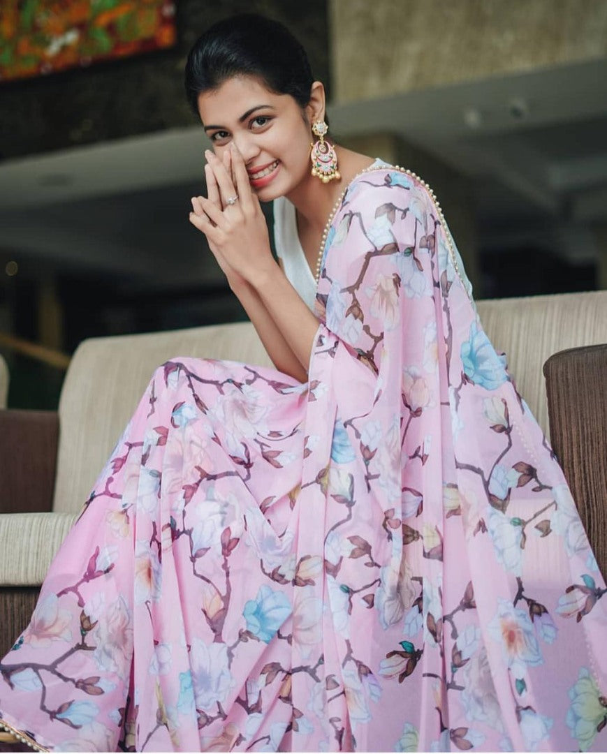 Baby pink georgette digital printed saree