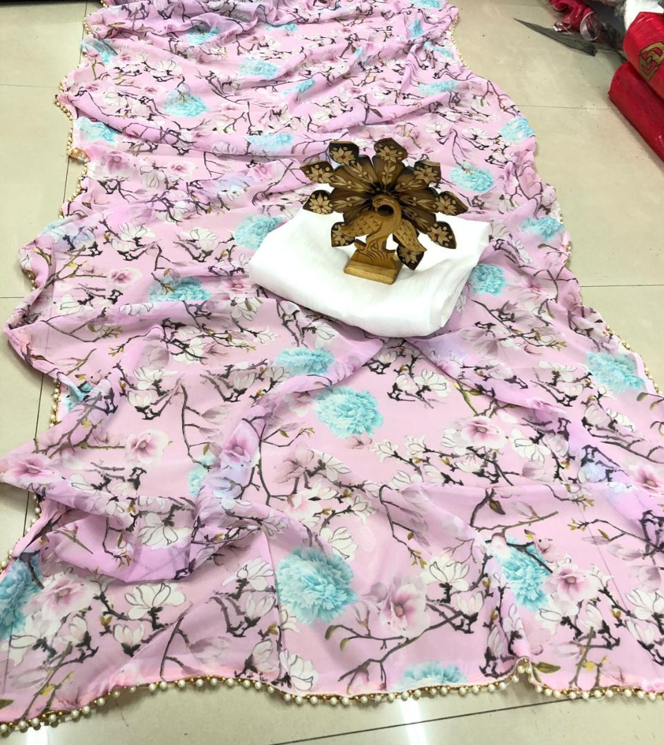 Baby pink georgette digital printed saree