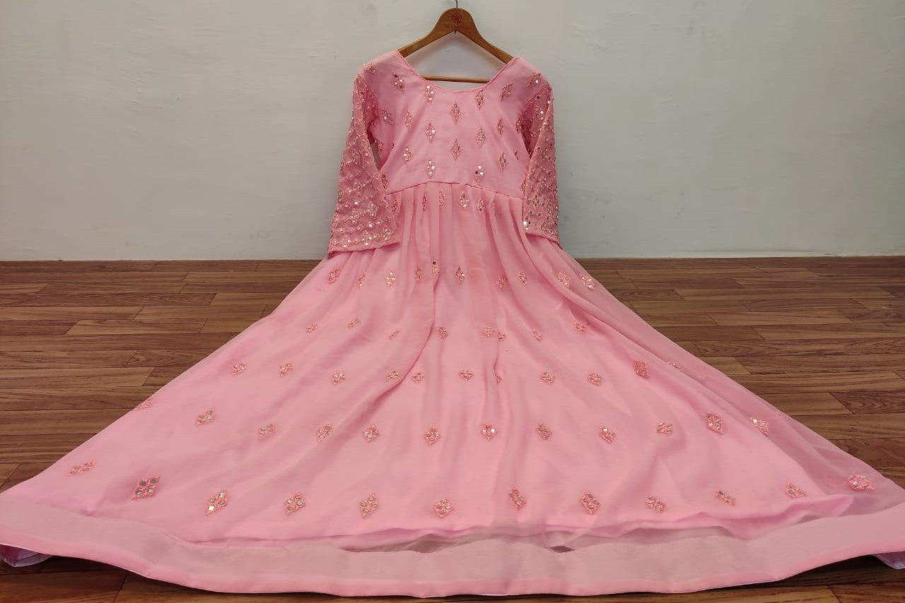 Baby pink georgette embroidered and mirror work gown