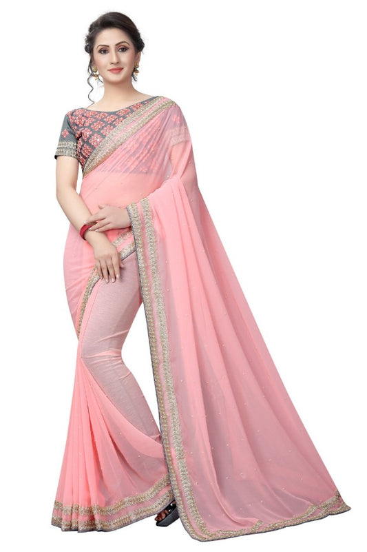 Baby pink georgette embroidered and stone work casualwear saree