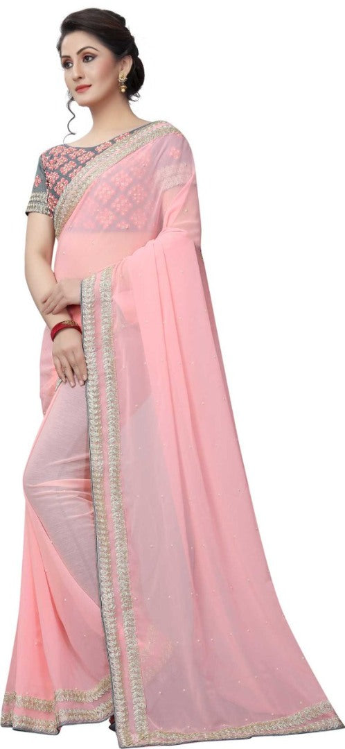 Baby pink georgette embroidered and stone work casualwear saree