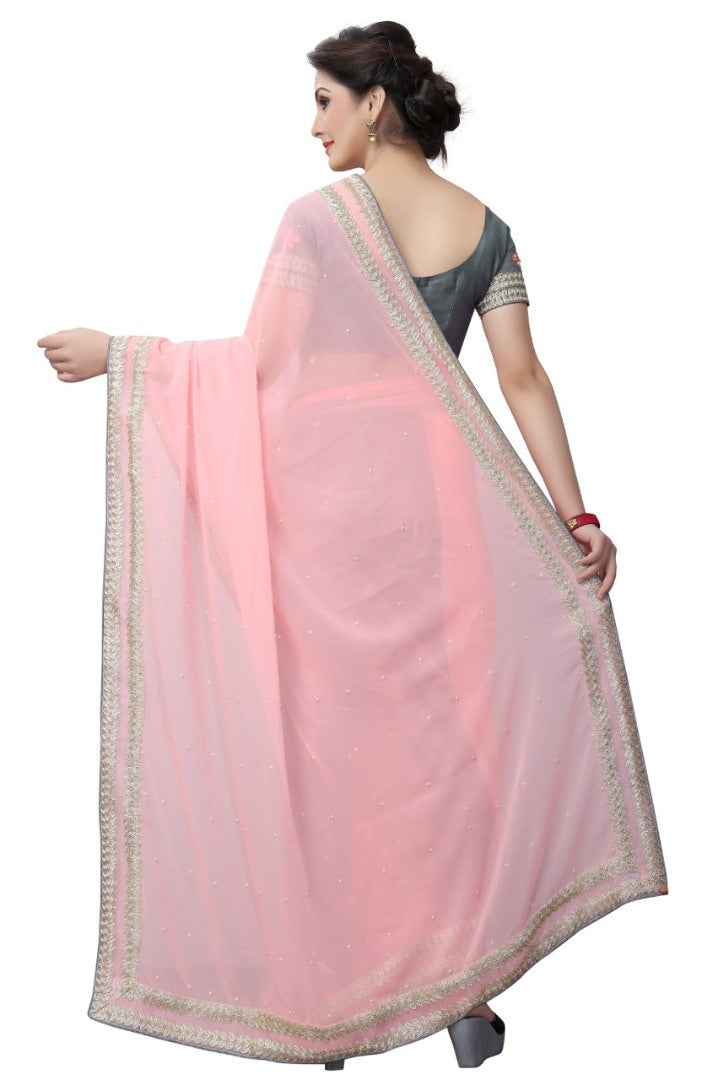 Baby pink georgette embroidered and stone work casualwear saree