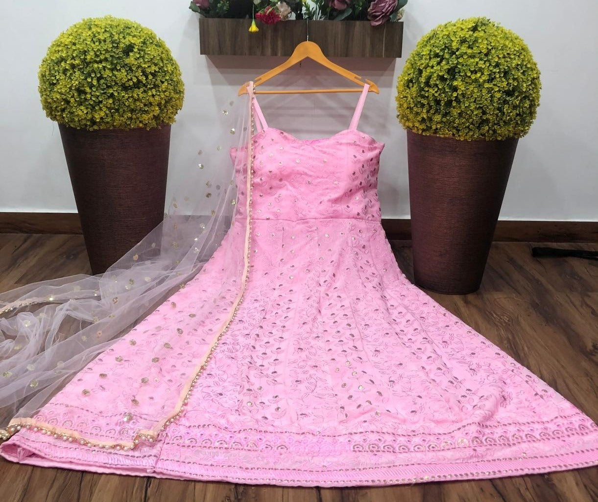 Baby pink georgette embroidered gown