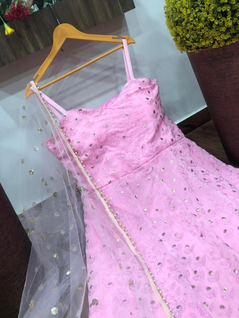 Baby pink georgette embroidered gown