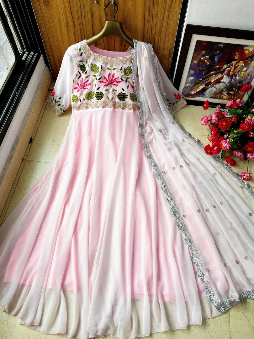 Baby pink georgette embroidered long gown