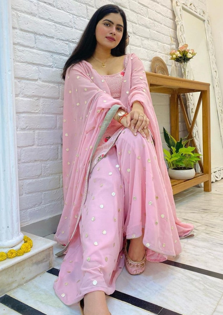Baby pink georgette embroidered plazzo salwar suit