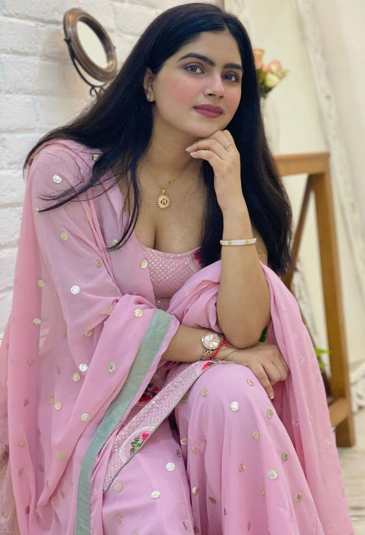 Baby pink georgette embroidered plazzo salwar suit