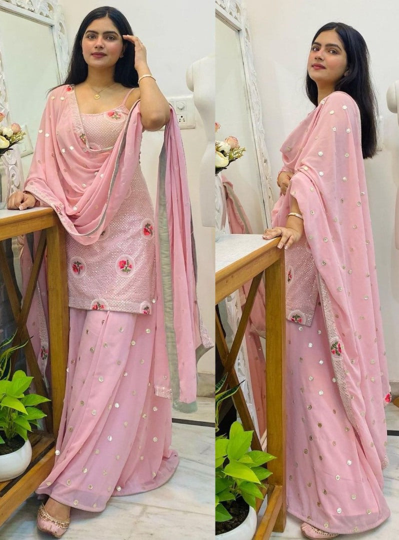 Baby pink georgette embroidered plazzo salwar suit