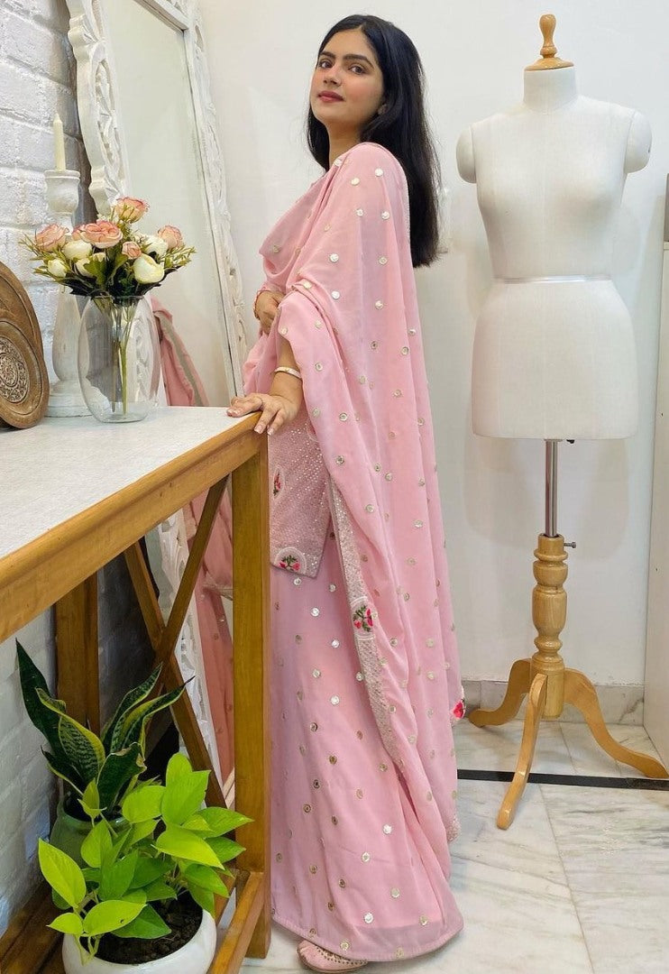 Baby pink georgette embroidered plazzo salwar suit