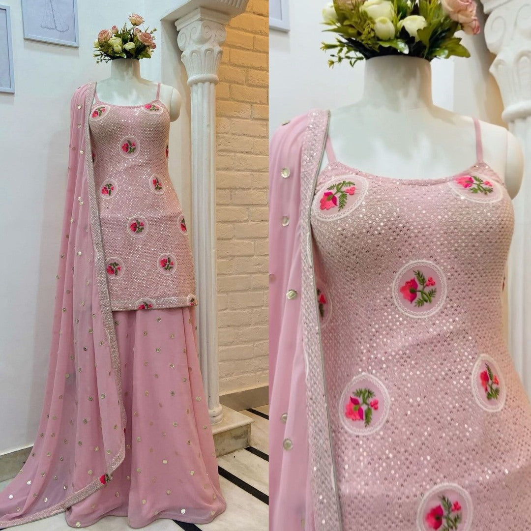Baby pink georgette embroidered plazzo salwar suit