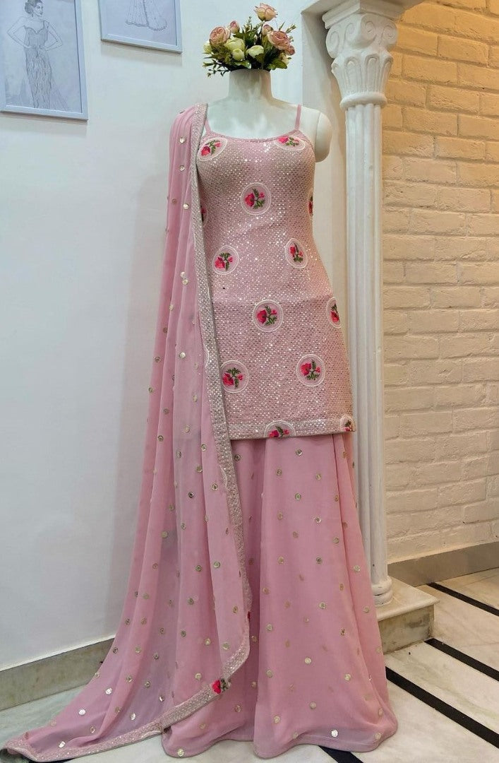 Baby pink georgette embroidered plazzo salwar suit