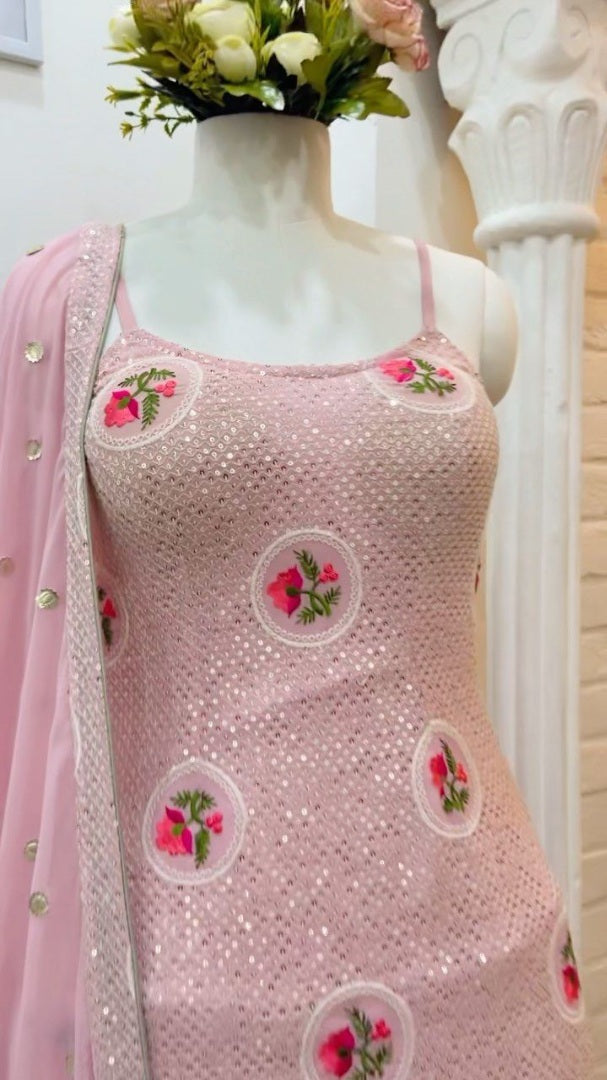 Baby pink georgette embroidered plazzo salwar suit