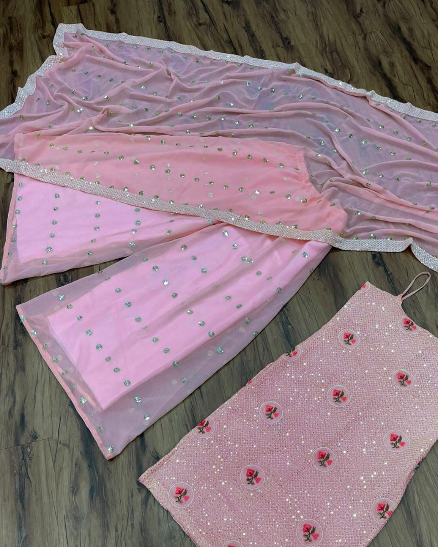 Baby pink georgette embroidered plazzo salwar suit