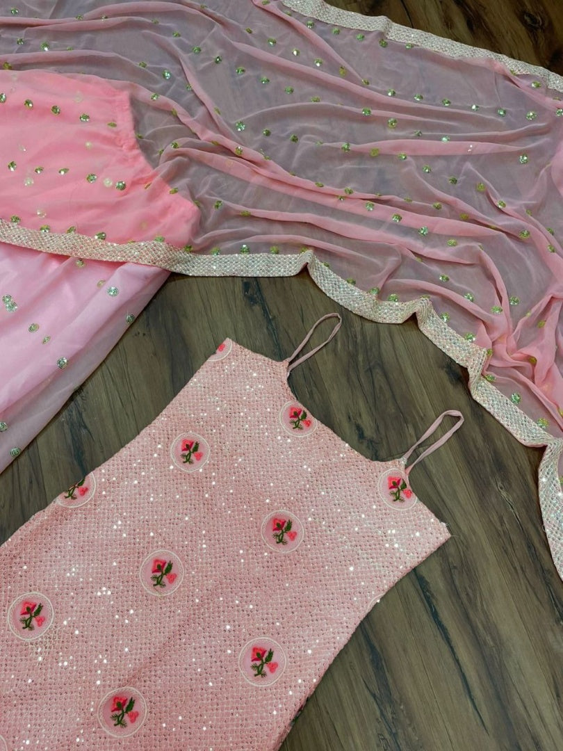 Baby pink georgette embroidered plazzo salwar suit
