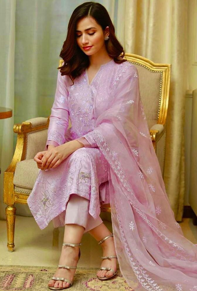 Baby pink georgette embroidered salwar suit