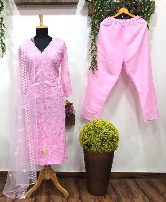 Baby pink georgette embroidered salwar suit