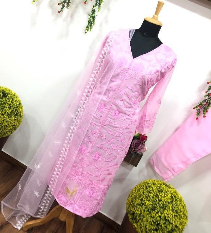 Baby pink georgette embroidered salwar suit