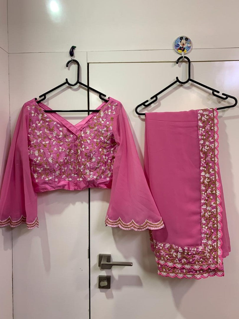 baby pink georgette embroidered saree
