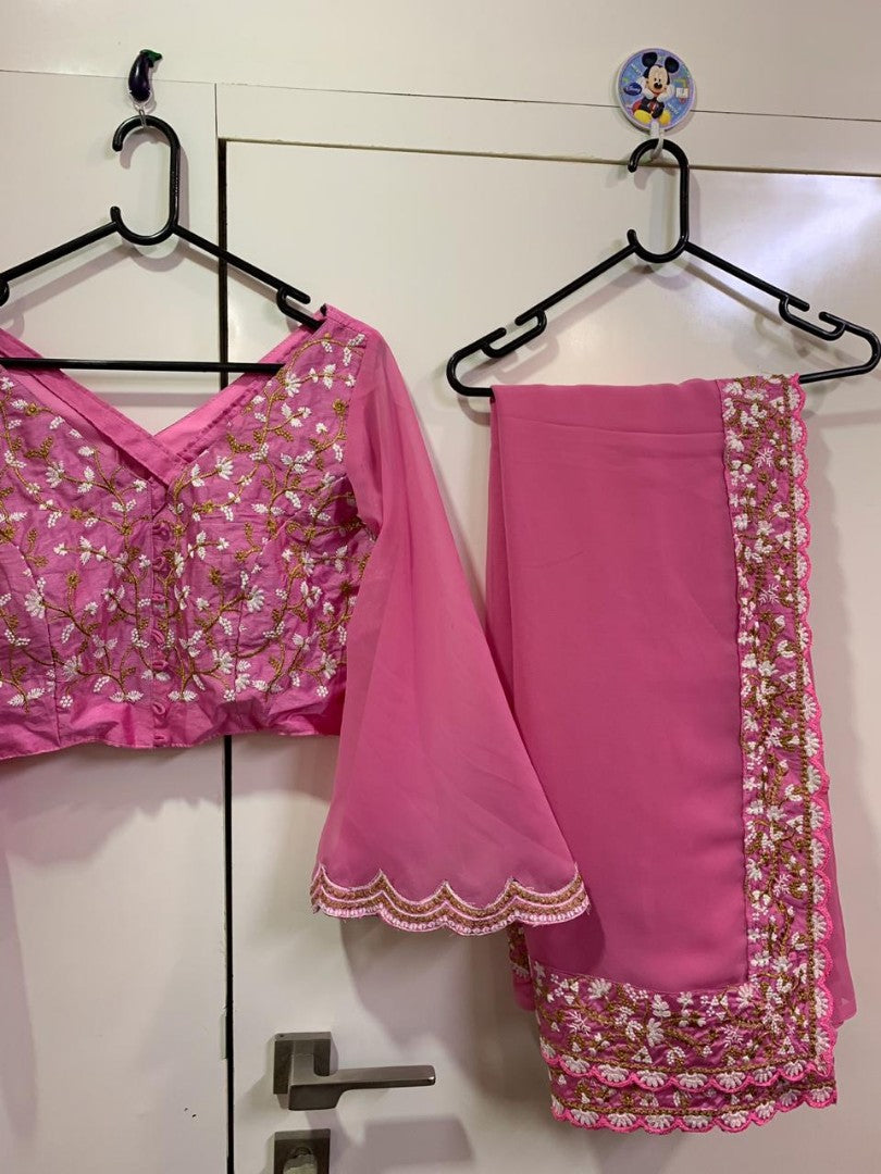 baby pink georgette embroidered saree
