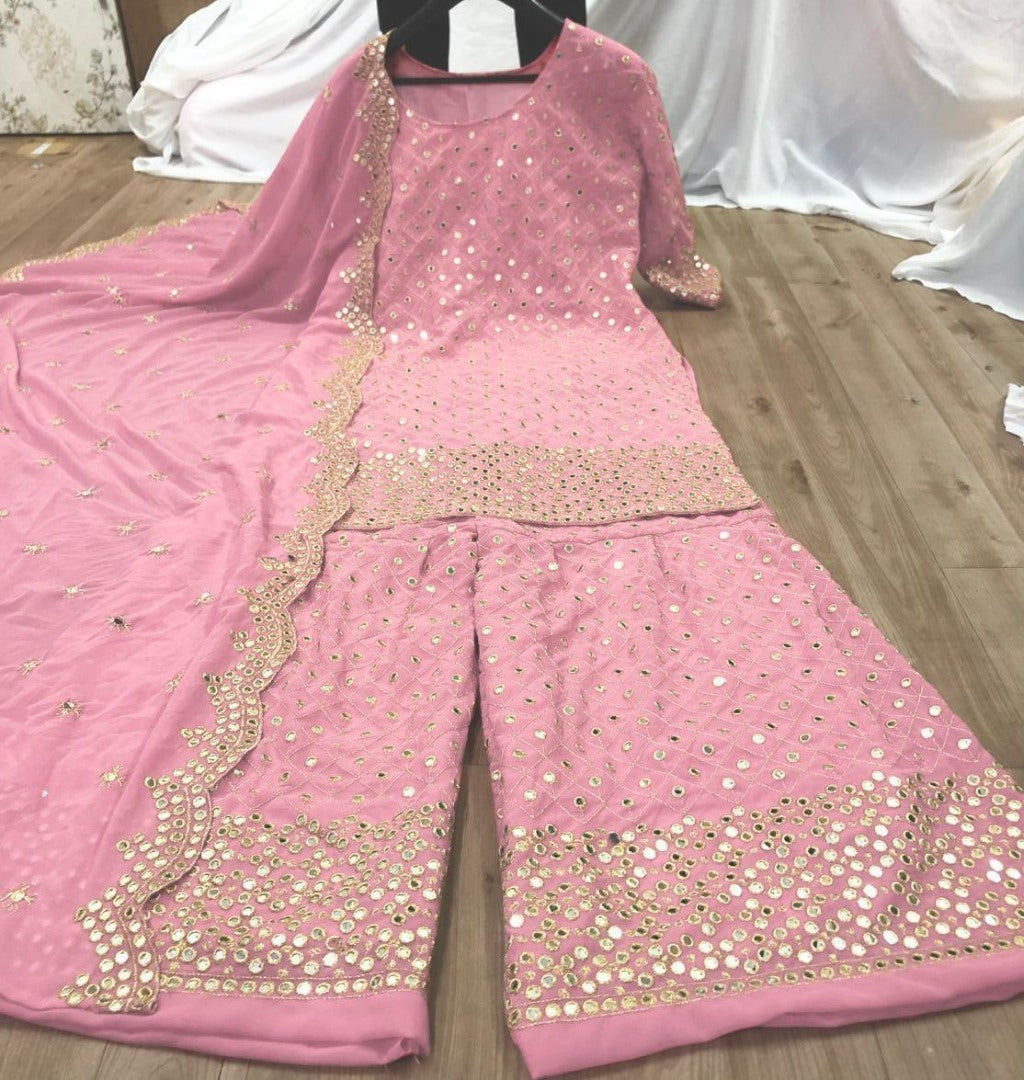 Baby pink georgette embroidered sequence work kurti with plazzo