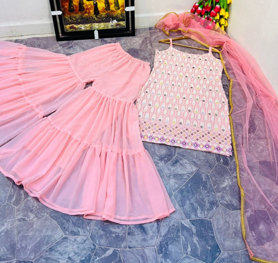 Baby pink georgette embroidered sharara suit
