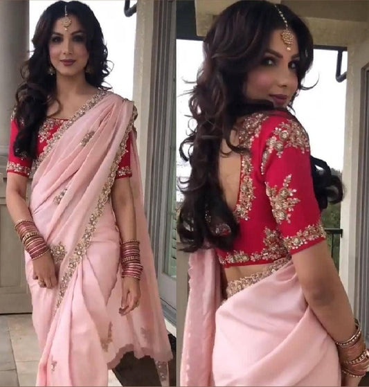 Baby pink georgette embroidered wedding saree