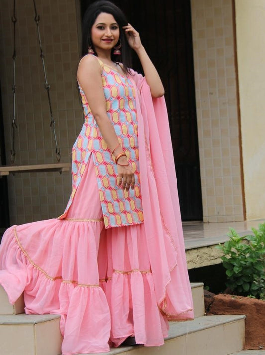 Baby pink georgette embroidered work party wear sharara suit