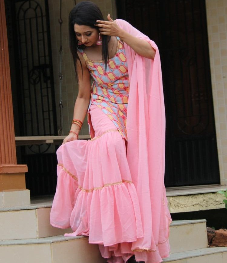 Baby pink georgette embroidered work party wear sharara suit