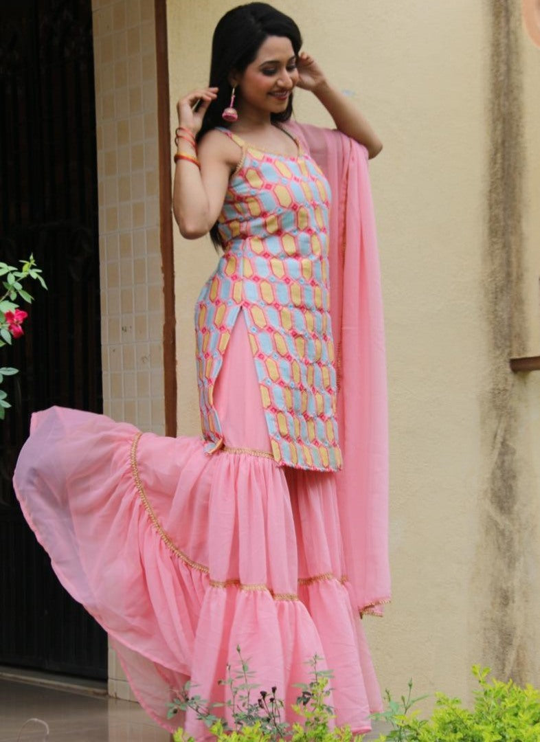 Baby pink georgette embroidered work party wear sharara suit