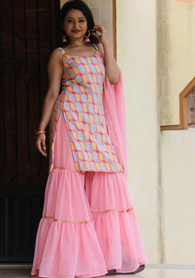 Baby pink georgette embroidered work party wear sharara suit