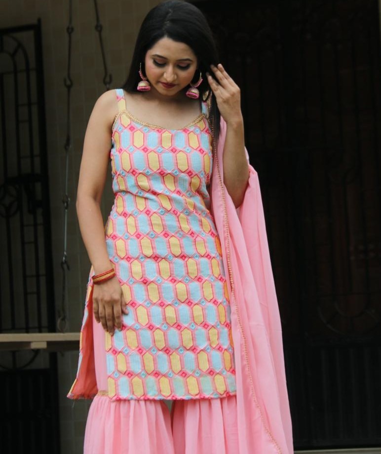 Baby pink georgette embroidered work party wear sharara suit