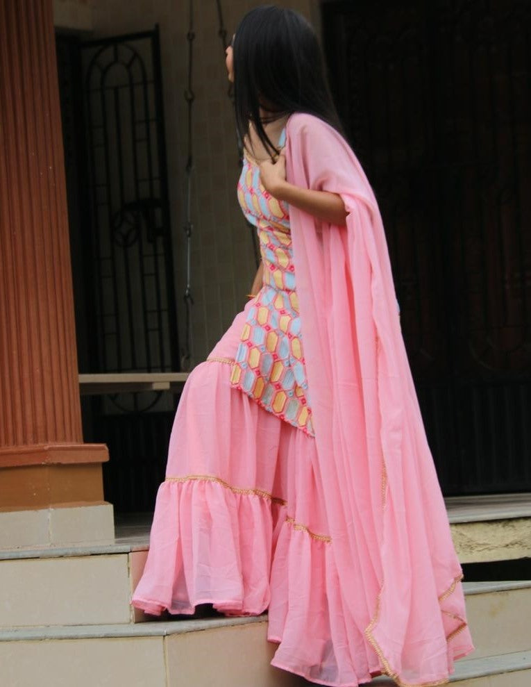 Baby pink georgette embroidered work party wear sharara suit