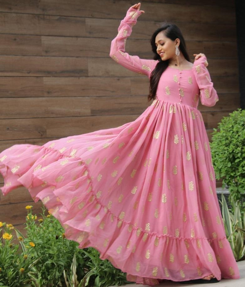 Baby pink georgette embroidery work party wear ruffle gown