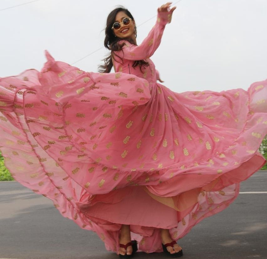 Baby pink georgette embroidery work party wear ruffle gown